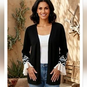 Bob Mackie Wearable Art Black Embroidered Fringe Cardigan Sweater Sz Large